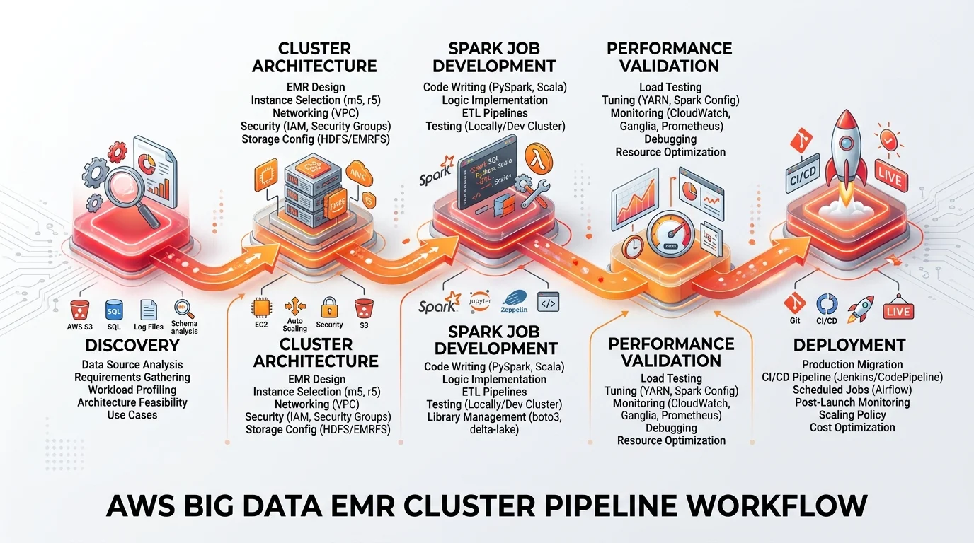 AWS big data architecture diagram showing an Amazon EMR cluster running Spark and Hive jobs against data in S3