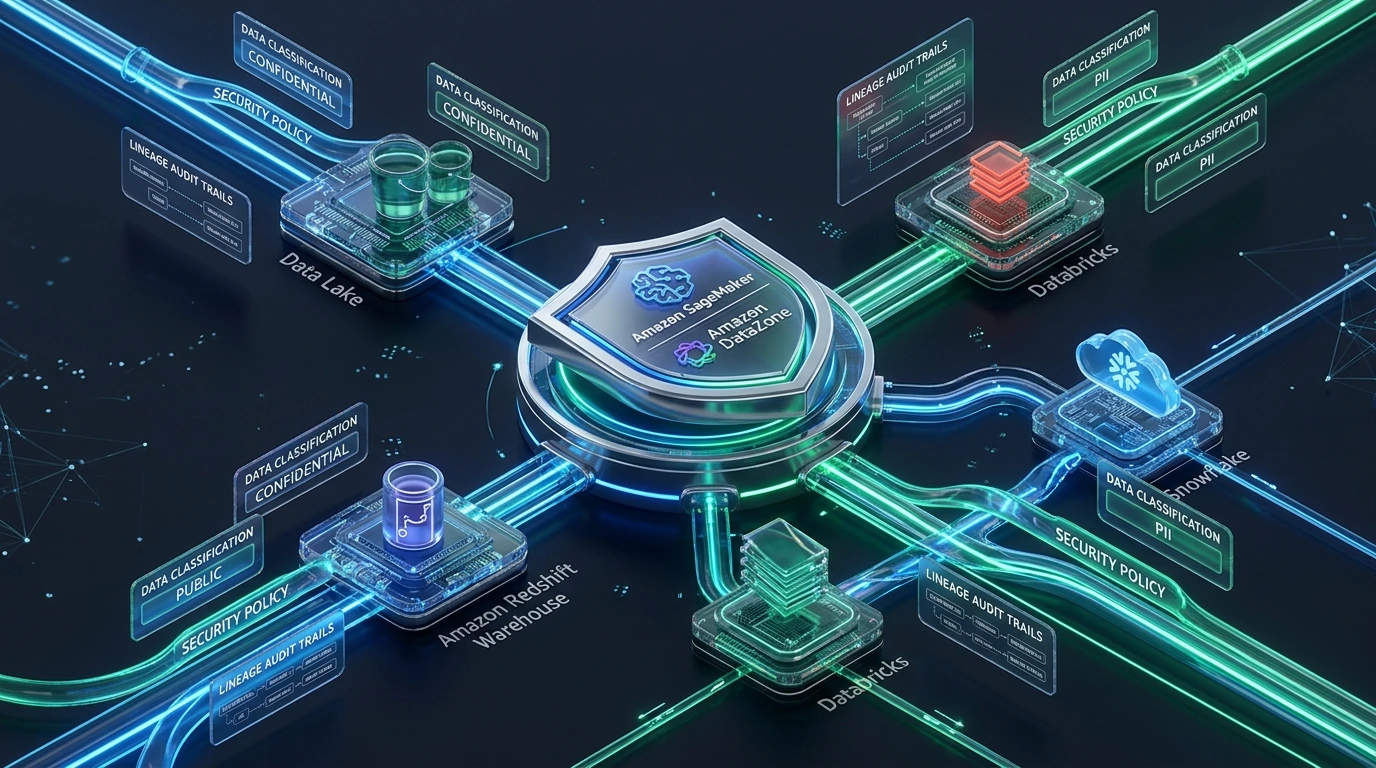 AWS data governance architecture diagram showing a unified catalog, classification, access policy, and lineage spanning a data lake, warehouse, and analytics platforms