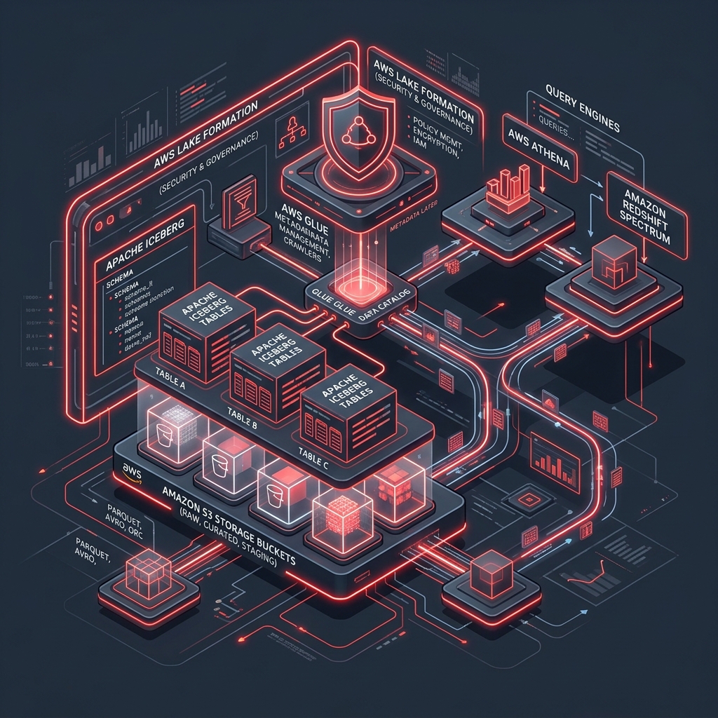 AWS data lake architecture diagram showing storage, Lake Formation governance and querying with Athena