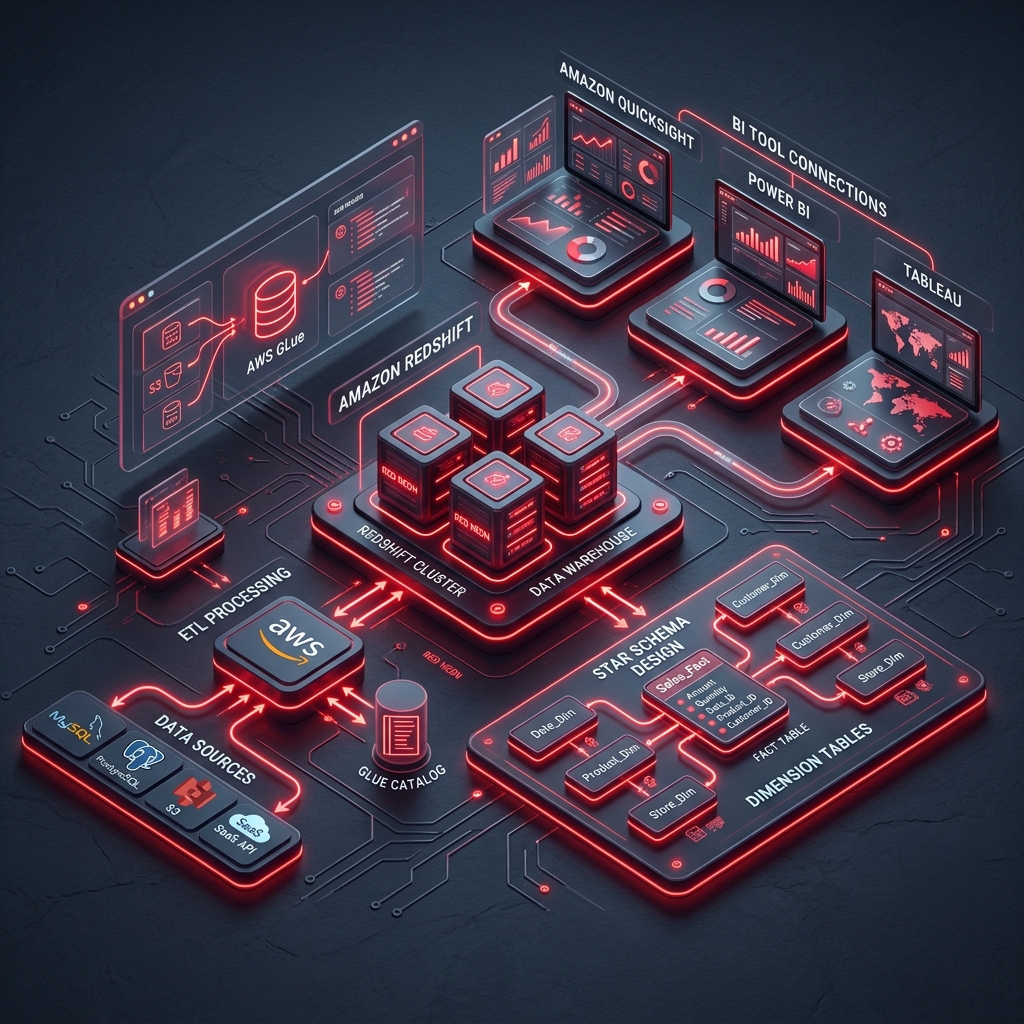 AWS data warehouse architecture diagram showing Redshift, dimensional modeling, ELT data loading and BI tool integration