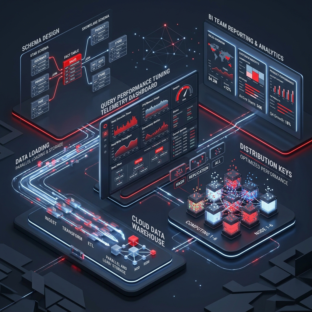 AWS data warehouse development process showing schema design, ELT pipeline build, Redshift tuning and BI connectivity