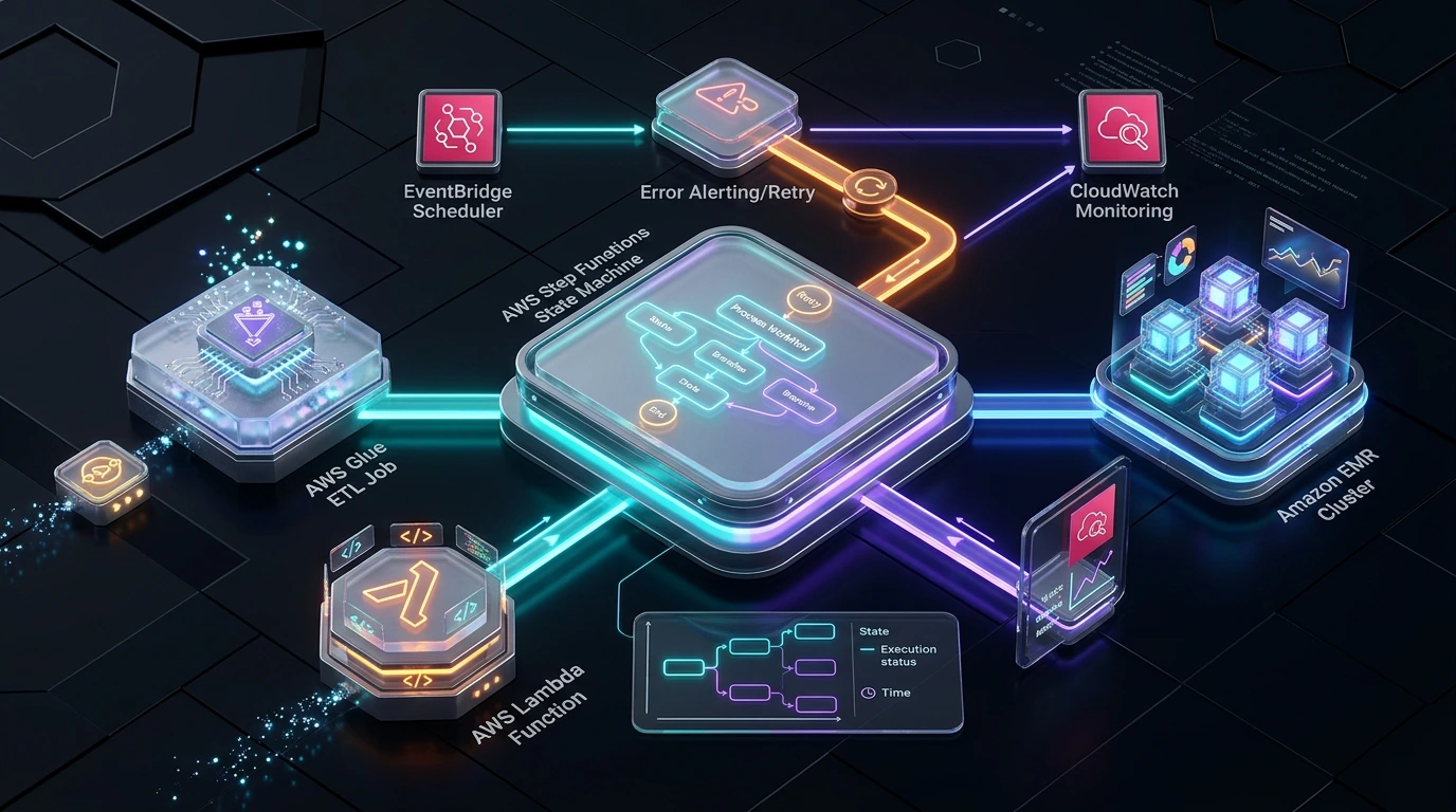 AWS workflow orchestration diagram showing a Step Functions state machine coordinating Glue, Lambda, and EMR steps with retry and alerting paths